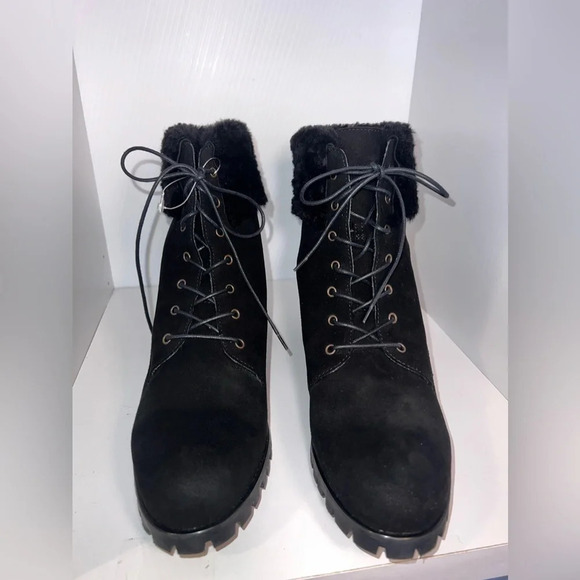 GRIGIARANCIO, US10, suede leather faux fur ankle lace up 1” block heel bootie - Picture 2 of 9